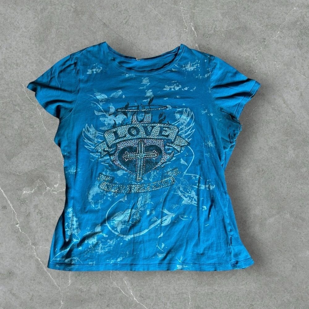 Vintage Y2K Shirt Women 1X Blue Grunge Skater Cyber Goth Jewel Dazzle Affliction